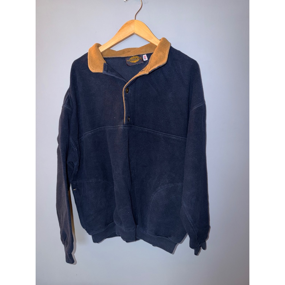 Vintage Sunrise Fleece Pullover Navy Blue‎ Tan Quarter Button Made in USA Mens